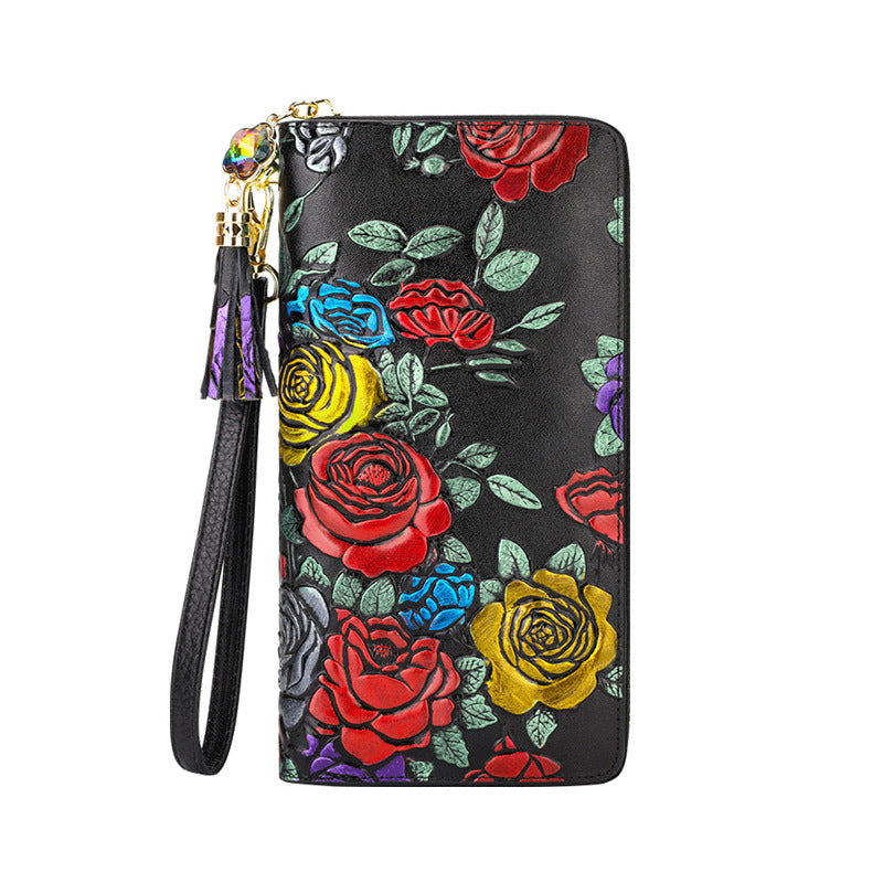 Women's Long Leather Zipper Retro Ethnic Style Three-dimensional Ladies Wallet