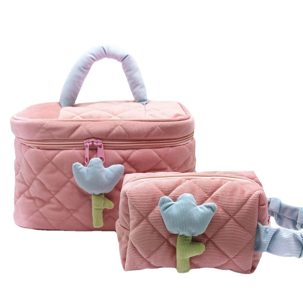 Women's Corduroy Large Capacity Cute Flowers Portable Cosmetic Bags