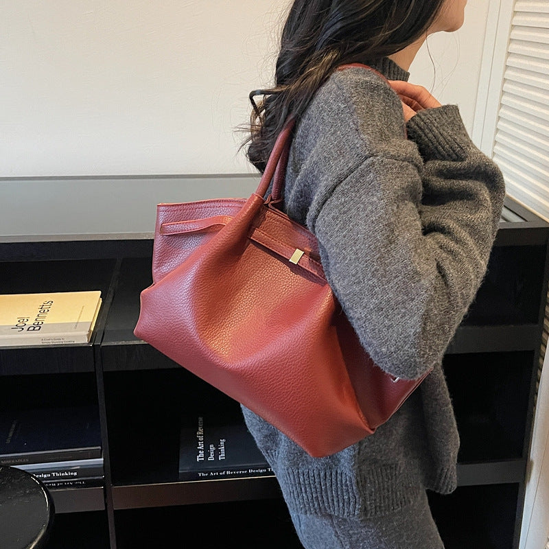 Women's Retro Lychee Pattern Portable Vegetable Basket Large Capacity Niche Pleated Women's Shoulder Bag