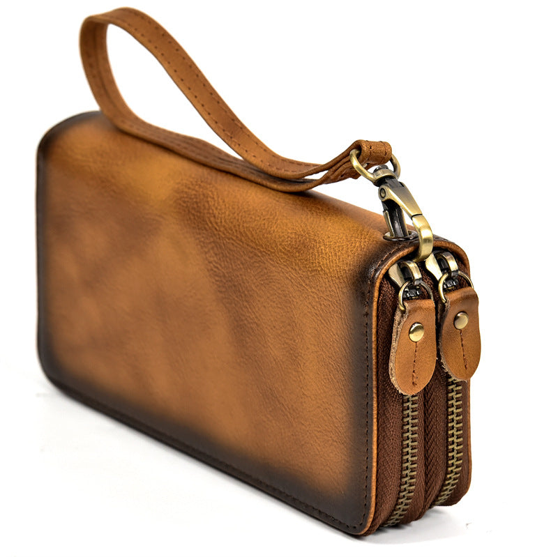 Men's Crazy Horse Leather Long Real Zipper Cowhide Clutch Men's Wallet