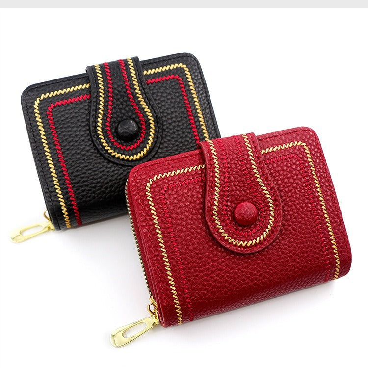 Women's Korean Style Short Zipper Hasp Litchi Pattern Embroidered Solid Color Ladies Wallet