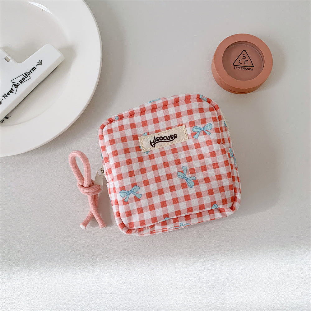 Women's Plaid Bowknot Portable Out Sanitary Napkin Storage Makeup Bag