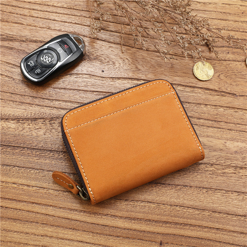 Men's Crazy Horse First Layer Cowhide Short Leather Zipper Simple Driving Purses