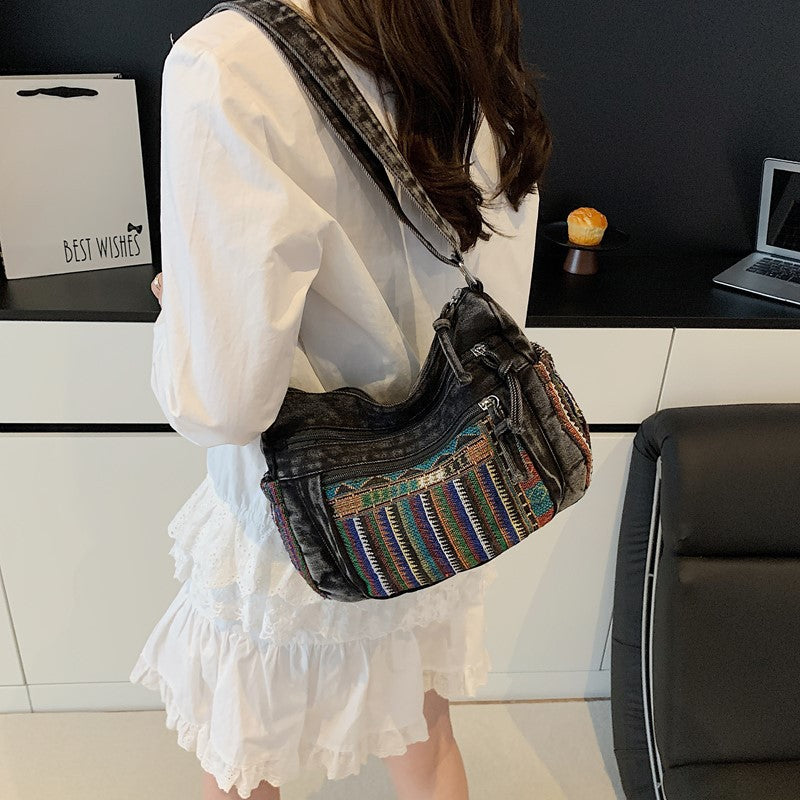 Retro Ethnic Style Embroidered Denim Commuter Large Capacity Female Women's Messenger Bag