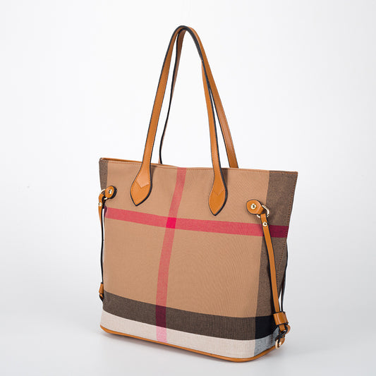 Women's Simple Canvas Check Pattern Shopping Shoulder Bags