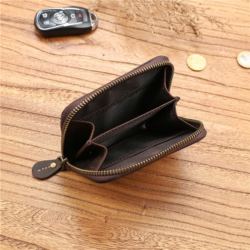 Men's Crazy Horse First Layer Cowhide Short Leather Zipper Simple Driving Purses