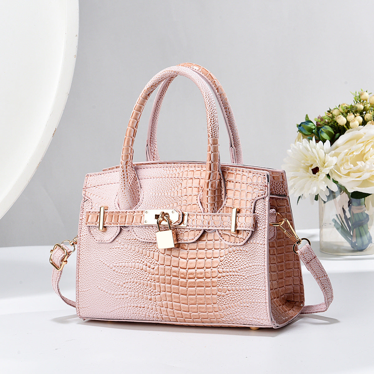 Durable Bright Leather Stone Pattern Alligator Handbags