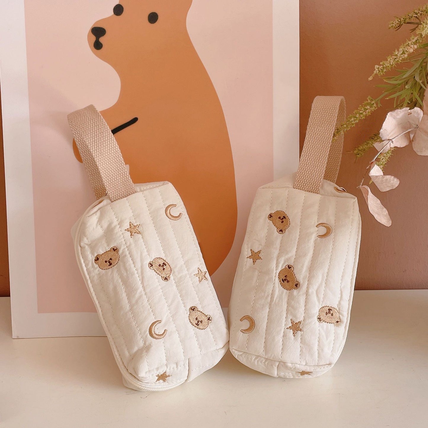 Embroidered Bear Portable Stationery Quilted Cotton Wrist Cream Style Cosmetic Bags