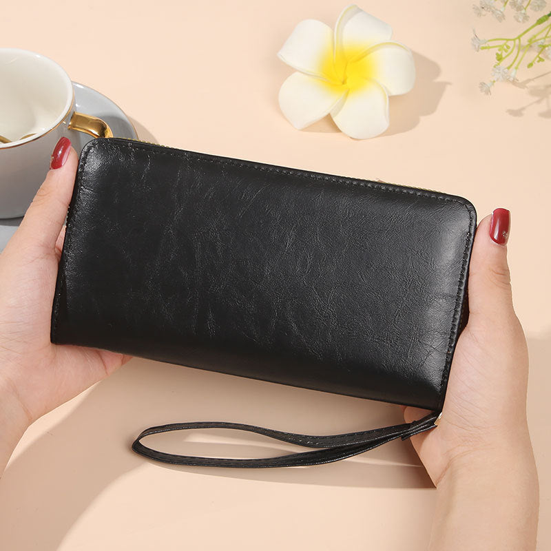 Women's Long Oil Wax Leather Fashion Large Capacity Simple Zipper Ladies Wallet