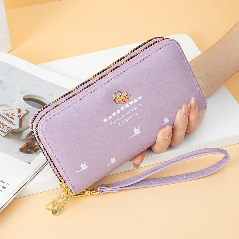 Women's Trendy Swan Double Zipper Large Capacity Wrist Ladies Wallet