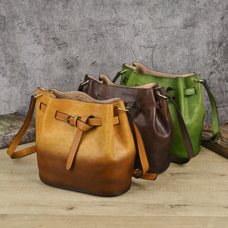 Women's First Layer Cowhide Solid Color Handmade Brushed Chinese Women's Shoulder Bag