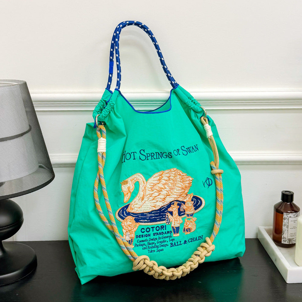 Women's Summer Needle Embroidery Nylon Large Capacity Shoulder Bags