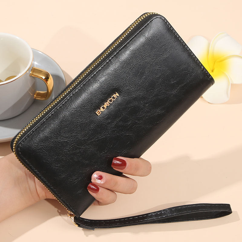 Women's Long Oil Wax Leather Fashion Large Capacity Simple Zipper Ladies Wallet