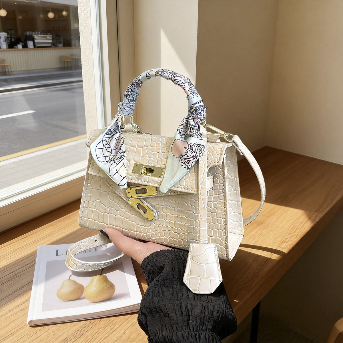 Women's Textured Crocodile Pattern Vintage Silk Scarf Women's Shoulder Bag