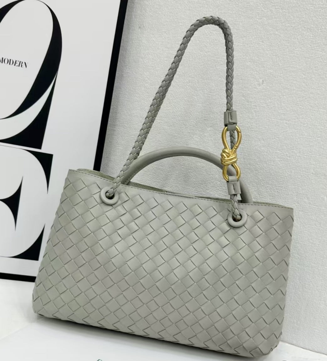 Women's Genuine Leather Metal Cord Fastener Woven Handbags
