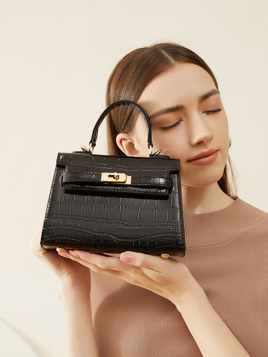Women's Luxury Portable Crocodile Pattern Kelly Cowhide Handbags