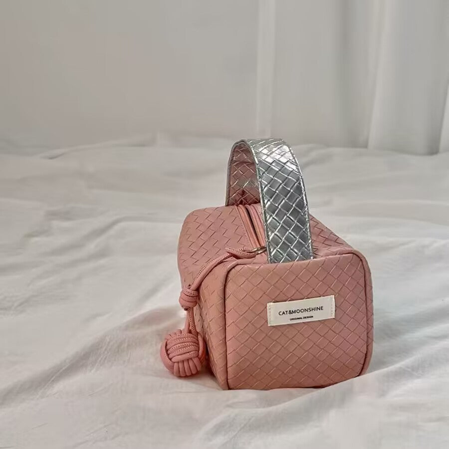 Sier Pink Color Matching Woven Hand Portable Cosmetic Bags