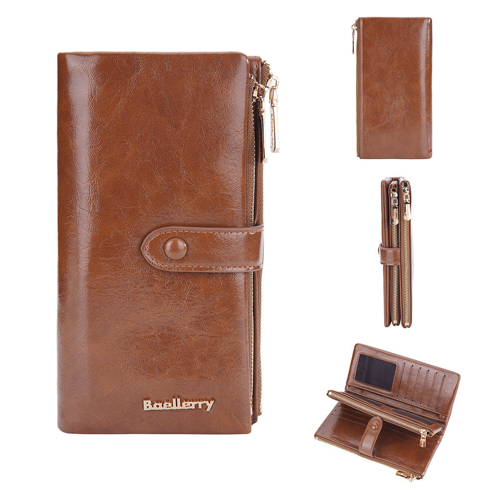 Women's Long Oil Wax Leather With Double Coin Purses