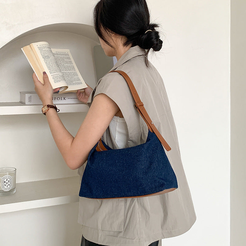 Women's Korean Style Stitching Denim High Sense Niche Personality Soft Women's Shoulder Bag