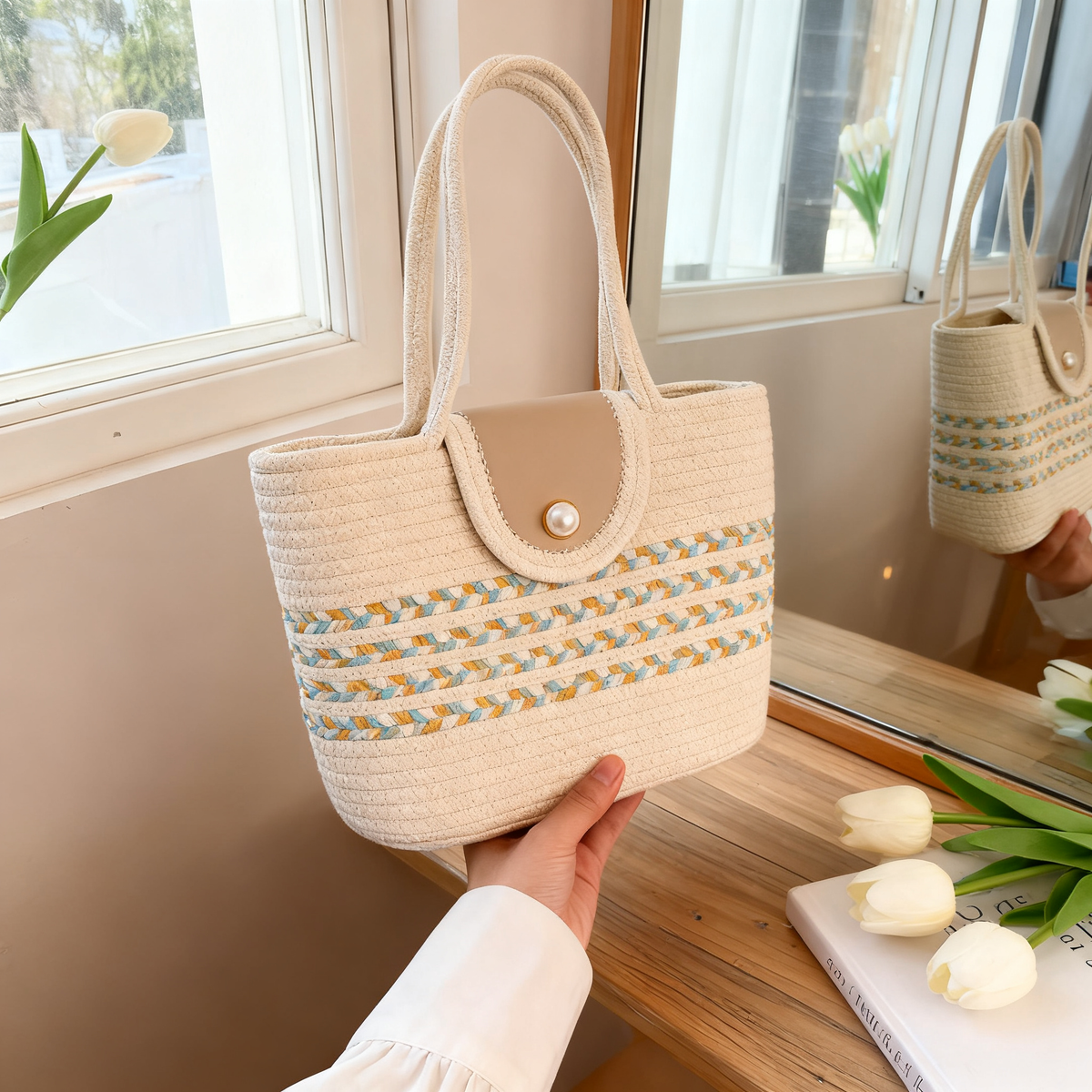 Women's Braid Cotton Woven Large Capacity Trendy Handbags