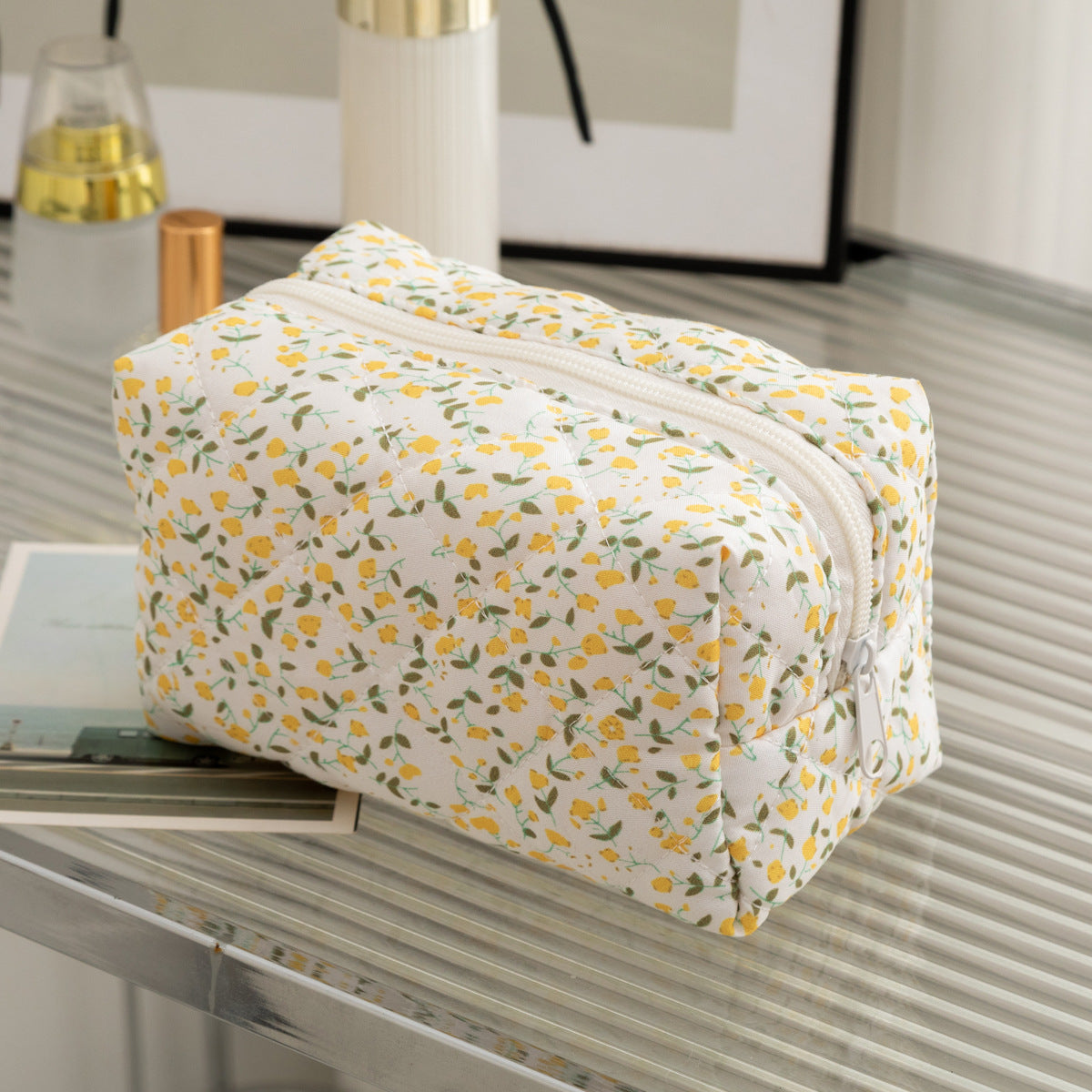 Floral Quilted Toiletries Portable Cosmetics Storage Makeup Bag