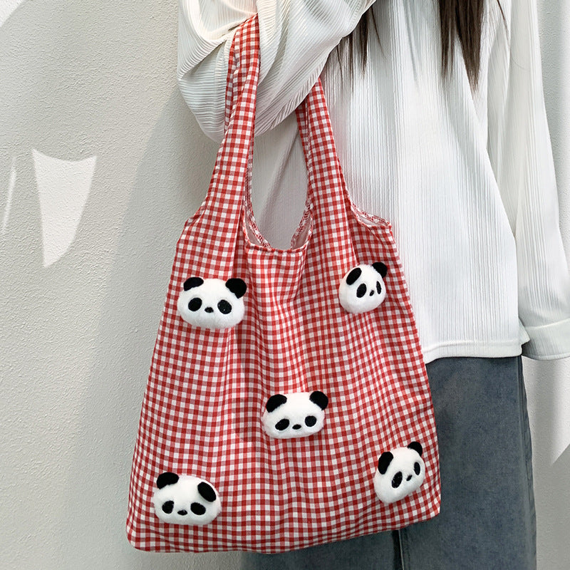 Large Capacity Simple Panda Doll Plaid Vest Shoulder Bags