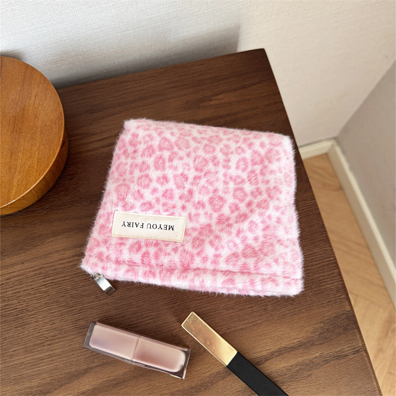 Sweet Cool Leopard Pattern Pink Hand Carrying Large Capacity Portable Makeup Bag