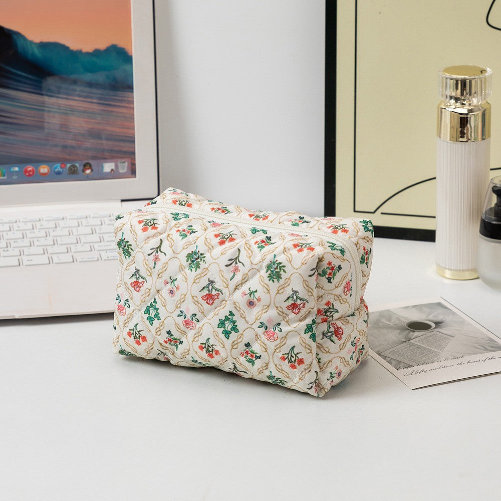 Floral Quilted Toiletries Portable Cosmetics Storage Makeup Bag