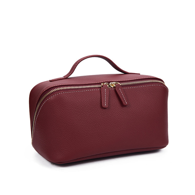 Women's Cowhide Textured Portable Toiletry Fashionable Leather Makeup Bag