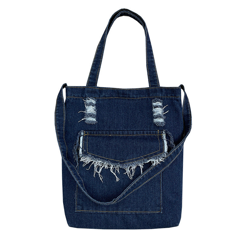 Canvas Denim Washed Cloth Tassel Large Shoulder Bags