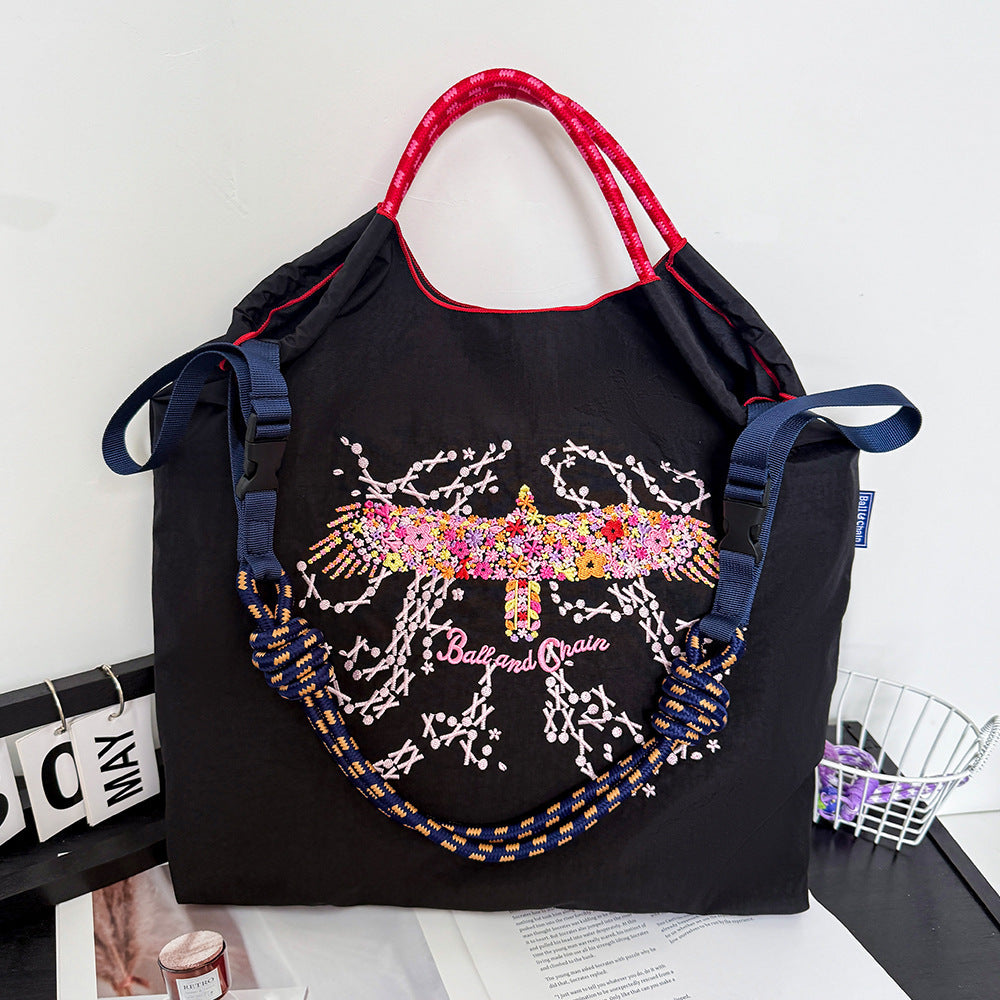 Environmental Protection Embroidery Shopping Nylon Cloth Flower Hand-held Minority Bags