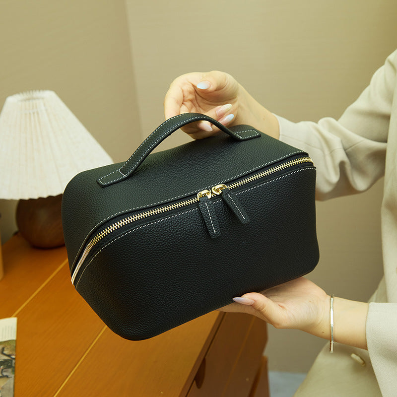 Women's Cowhide Textured Portable Toiletry Fashionable Leather Makeup Bag