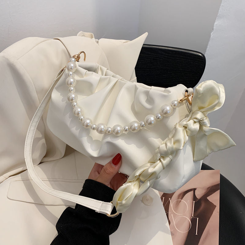 Women's Cloud Underarm Pearl Pleated Design Trendy Shoulder Bags