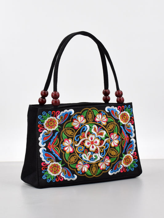 Style Double Sided Embroidery Wooden Bead Layer Zipper Portable Handbags