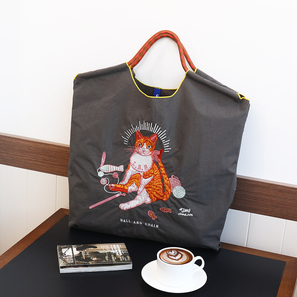 Women's Summer Needle Embroidery Nylon Large Capacity Shoulder Bags