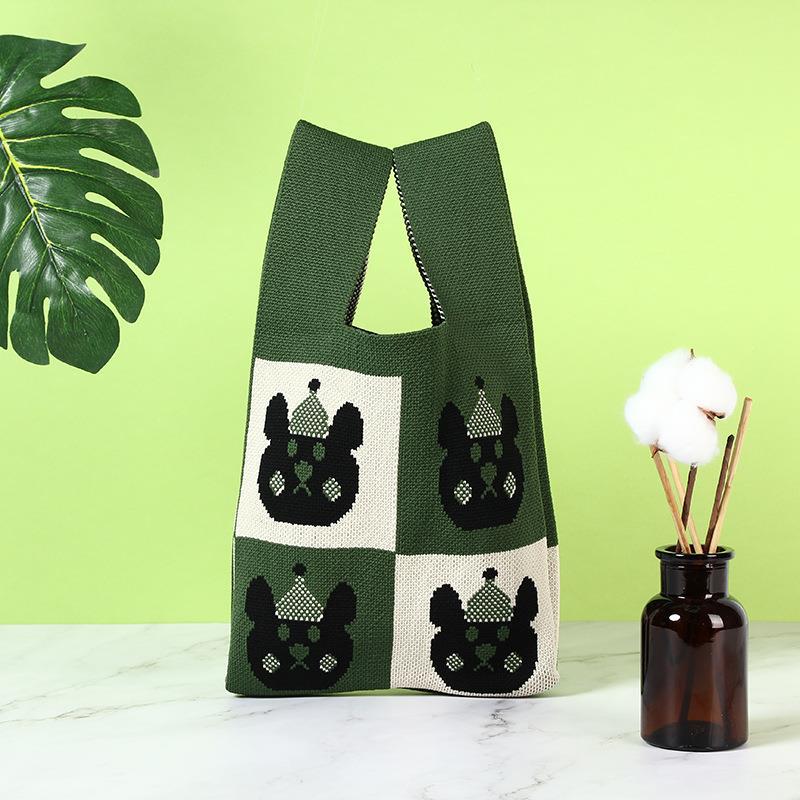 Women's Capacity Knitted Fashion Out Portable Korean Style Little Bear Handbags