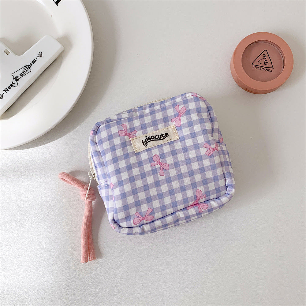 Women's Plaid Bowknot Portable Out Sanitary Napkin Storage Makeup Bag