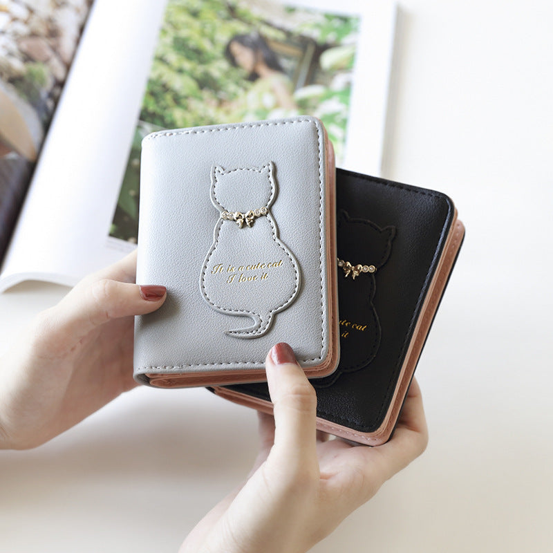 Women's Cat Solid Color Vertical 2 Fold Ladies Wallets