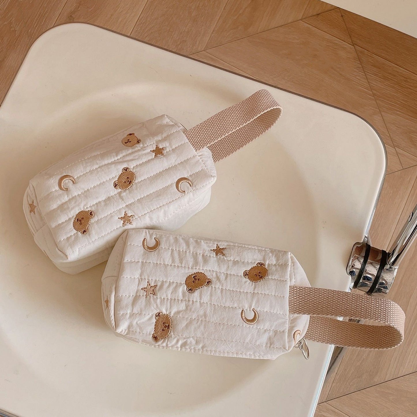 Embroidered Bear Portable Stationery Quilted Cotton Wrist Cream Style Cosmetic Bags