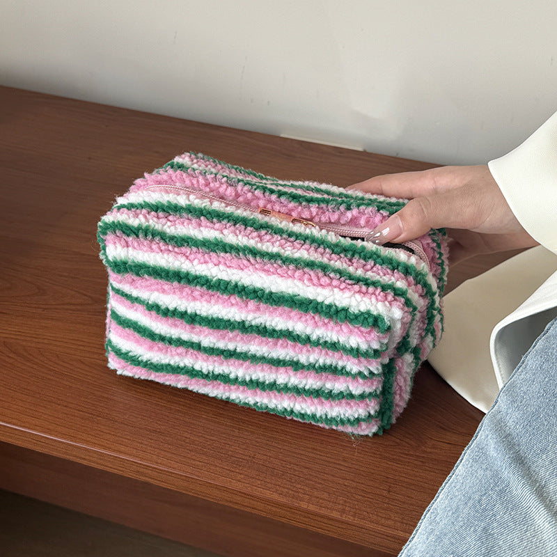 Plush Contrast Color Stripe Large Capacity Pillow Fresh Portable Storage Cosmetic Bags