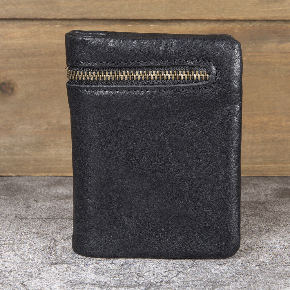 Men's Vertical Genuine Leather Folding First Layer Cowhide Hand Vegetable Tanned Men's Wallet