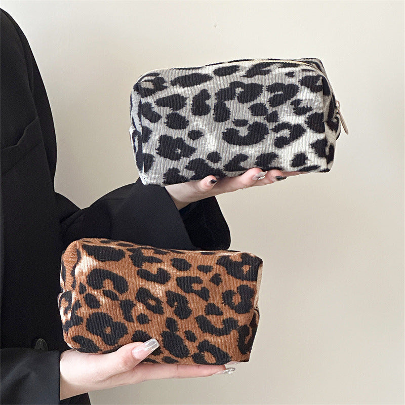Leopard Print Corduroy Large Capacity Zipper Portable Makeup Bag