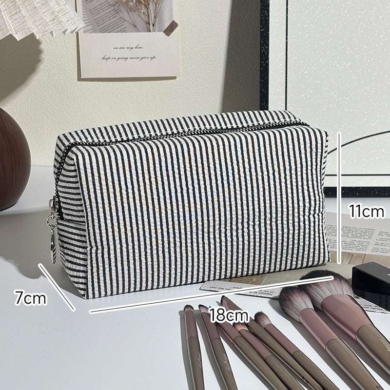 Striped Make-up Large Capacity Seersucker Embroidered Portable Out Makeup Bag