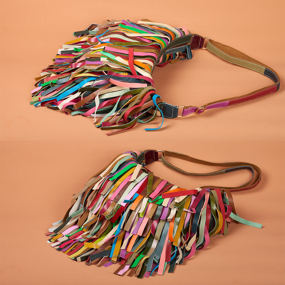 Women's Genuine Leather Bohemian Retro Tassel Contrast Color Women's Shoulder Bag
