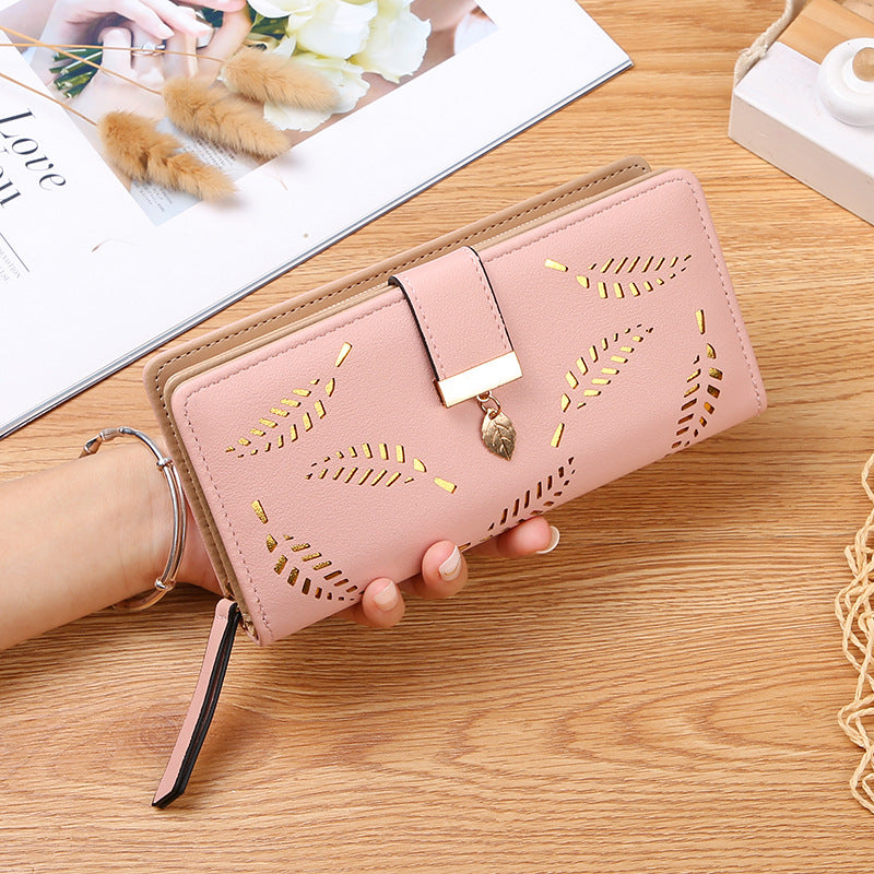 Women's Hollow Leaf Billfold Leather Korean Style Two Fold Long Ladies Wallets