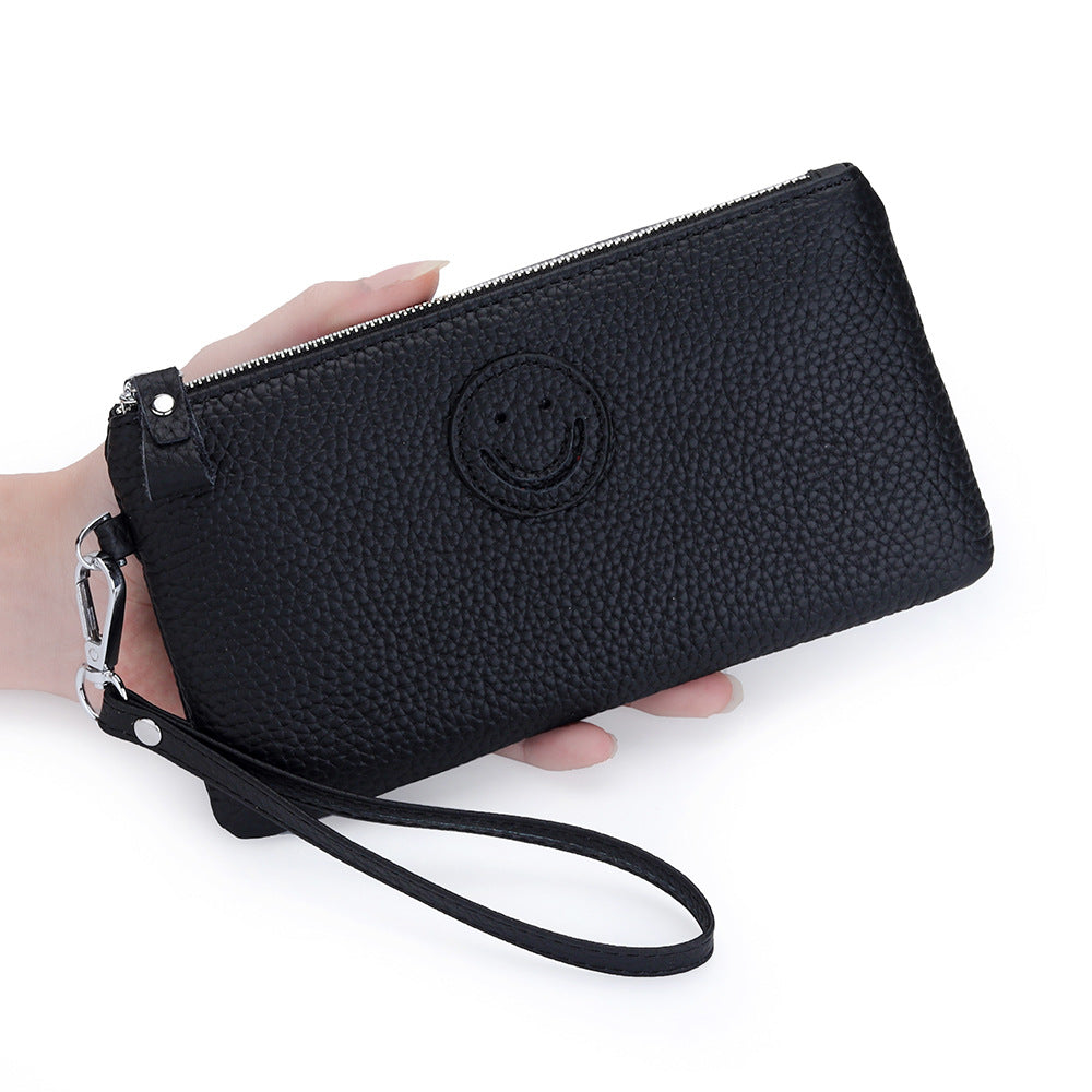 Women's First Layer Cowhide Long Clutch Fashion Smiley Ladies Wallet
