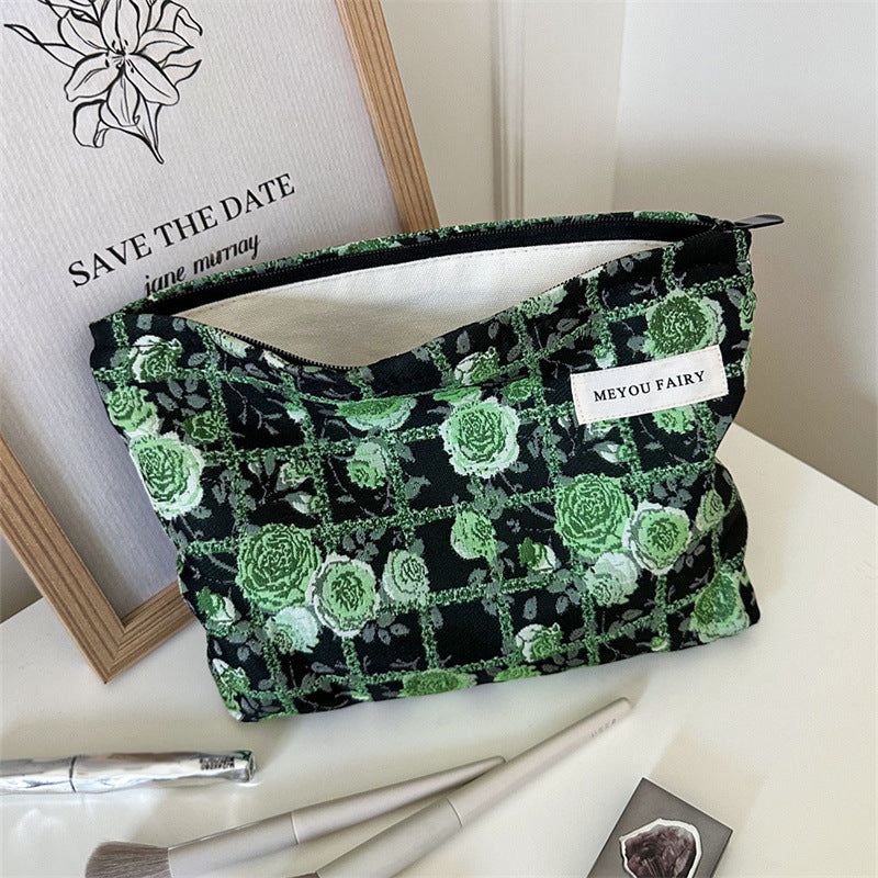 Plaid Rose Blackish Green Series Jacquard Canvas Large Capacity Artistic Makeup Bag