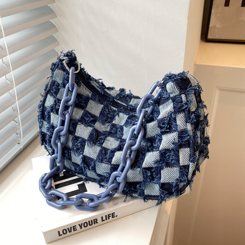 Women's Fashion Simple Denim Canvas Chessboard Plaid Shoulder Bags