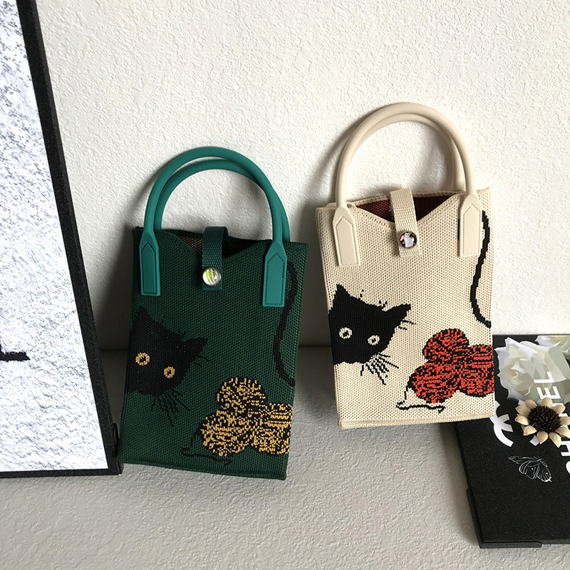 Women's Mobile Cat Knitted Portable Storage Korean Handbags