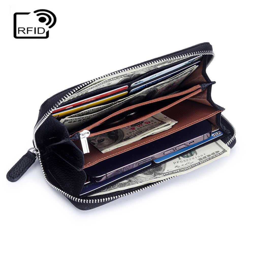 Women's Swiping Long Large Capacity Zipper Cowhide Ladies Wallet